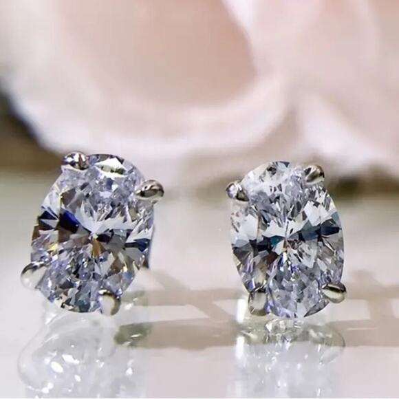 Sterling Silver Oval Cubic Zircon Stud Earrings, Wedding, Bridal, Anniversary - Picture 1 of 5